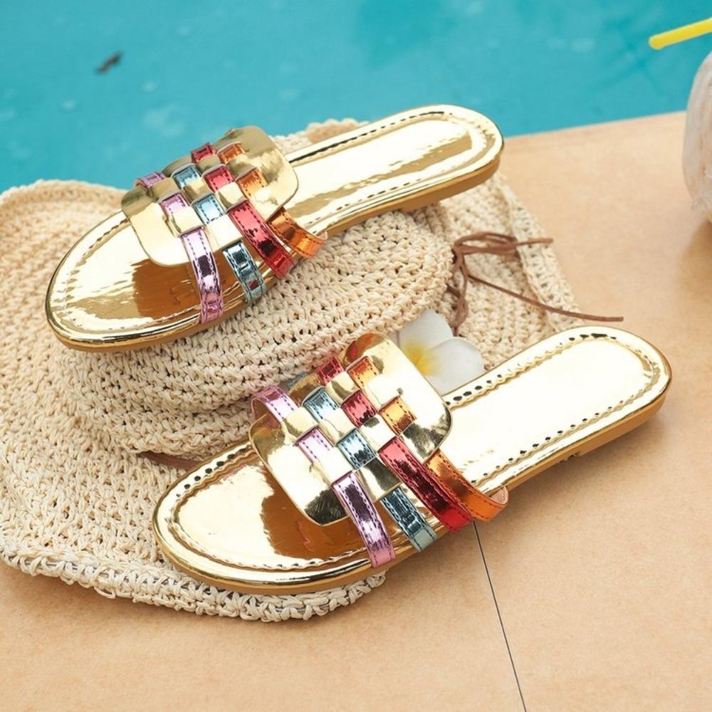 Women's Color Block Chunky Heel Slide Sandals, Square Toe Patent Leather Comfort One-Strap Sandals for Women