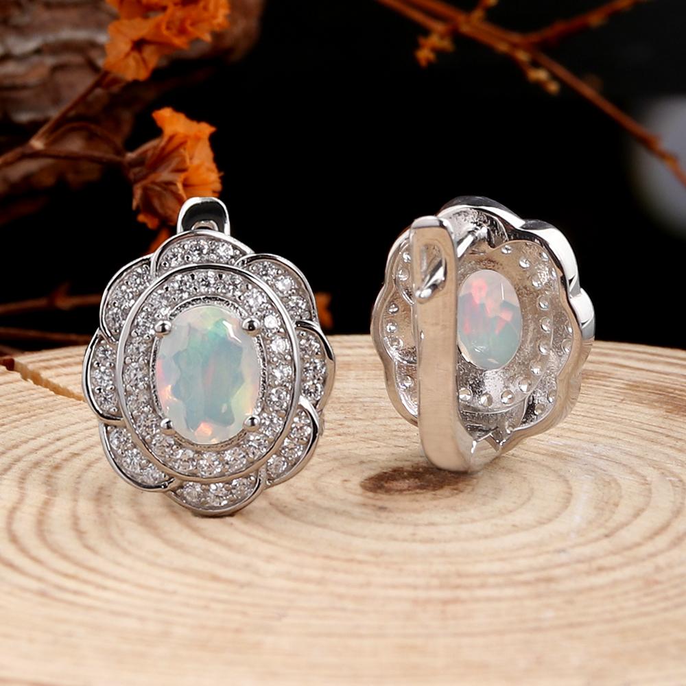 Light Luxury 925 Sterling Silver Clasp Earrings Natural Opal October Birthstone Fine Jewelry for Women's Banquet Festival Wear