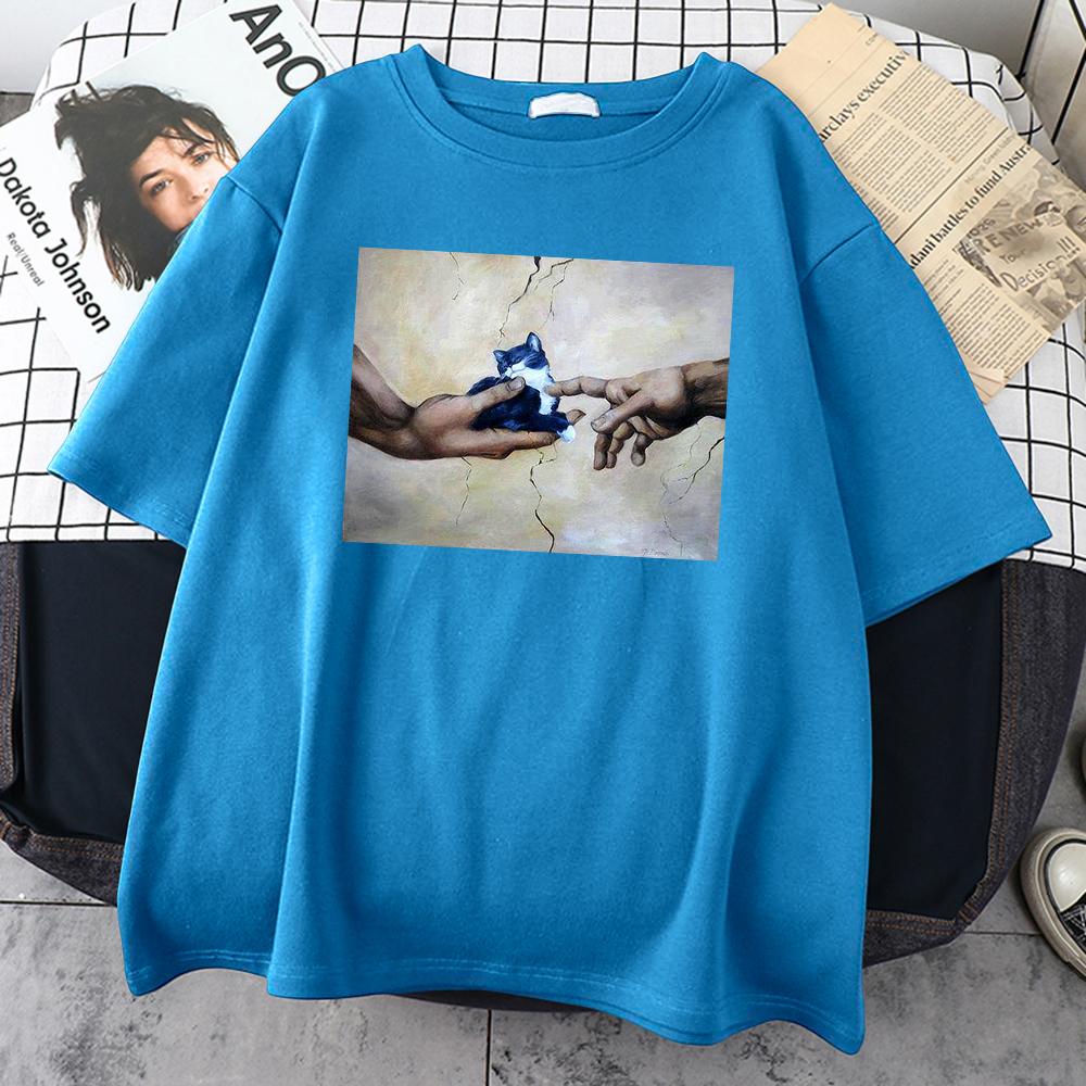 

Hand Holding Cute Cat Print Mens T-Shirts Personality Casual O-Neck Short Sleeve Vintage Oversize Tops Male Cotton Tee Clothing M