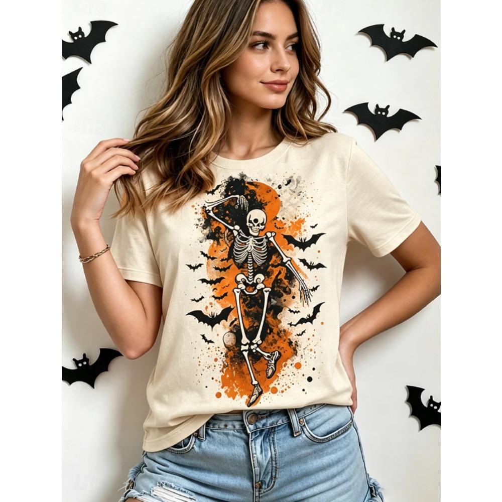 Fashion Women Retro Creative Skeleton Bat Print T Shirt Funny Casual O-neck Short Sleeves T-shirt Summer Female Tee Shirt
