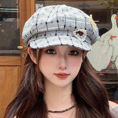 Korean Version of Autumn Love Lace Bow Plaid Bere Hat Women's Sweet Literary Versatile High End Painter Hat