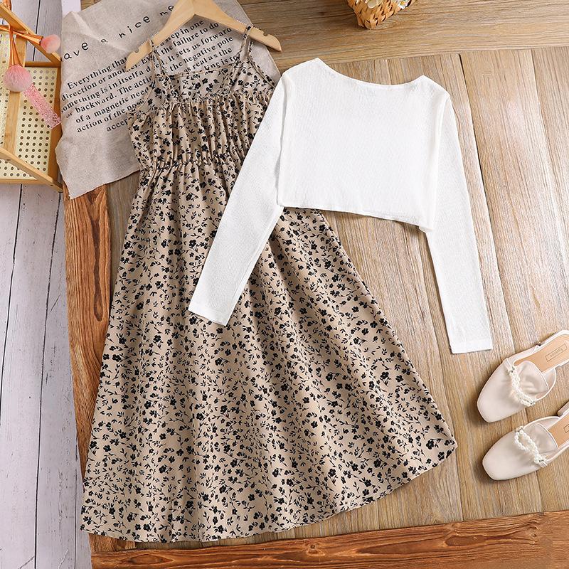 Elegantes Mädchenkostüm 2025 Sommer Kindermode Blumen Schlitz Neckholderkleid Langarm Strickjacke Jacke