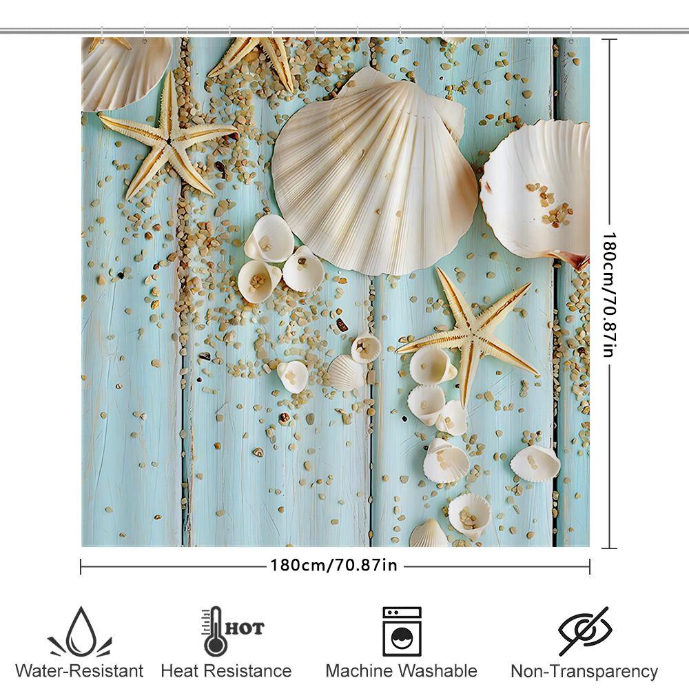Beach Theme Shower Curtain Decorative Bathroom Set With Sea Shells And Starfish Design - Elegant And Refreshing Home Decor