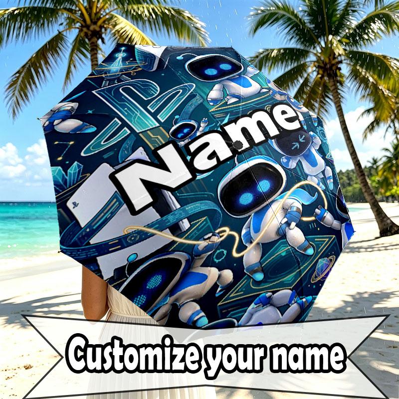 Custom Name Personalized Cosmic Bot Crew Print Umbrella, Auto Open Close, 8‑Rib Sturdy Frame, Commute Camping Hiking Use, Birthday Gift