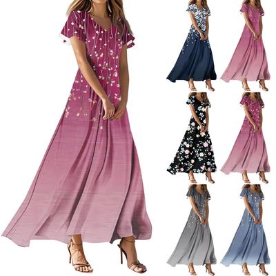 Vestidos Largos Casuales de Moda para Mujer con Estampado, Cuello en V y Manga Corta