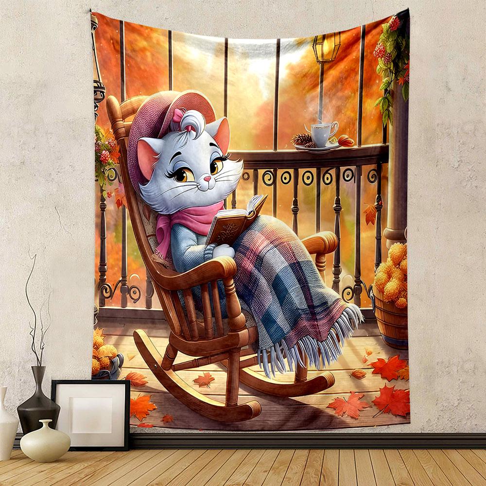 Cozy Cat Reading on Autumn Balcony Patterned Tapestry Decorative Wall Hanging, Home Bedroom Living Room Decor