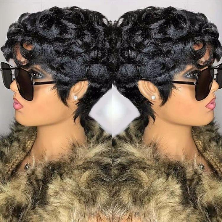 Corto para Pelucas Brasileñas Pixie Cut Yaki Sin Pegamento Pre-Depilado Corto Rizado Pelucas Flequillo Negro Natural para Mujeres Negras Vietnam