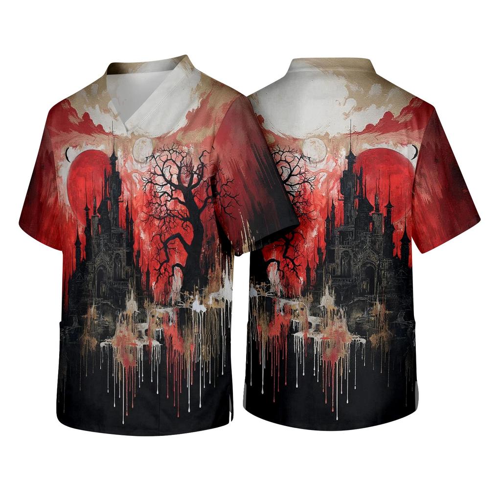 Men's Short Sleeve V-Neck Halloween Print Scrub Top with Chest Pocket