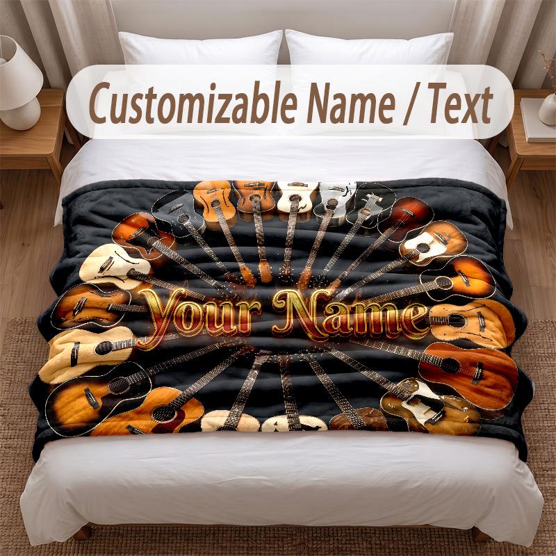 Music Guitar Theme Soft Blanket Personalized Custom Name Text Print Warm Blanket Home Sofa Bedroom Decor
