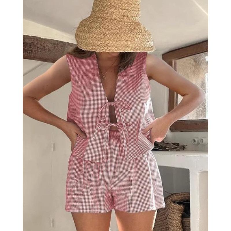 Women's New Summer Plaid Tie Cardigan Vest Shorts Fashion Casual Suit