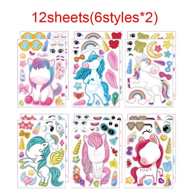 6/12Sheets Unicorn Funny Assemble Stickers Make A Face Game Toy Girls Unicorn Birthday Party Decor Supplies Gifts for Guests