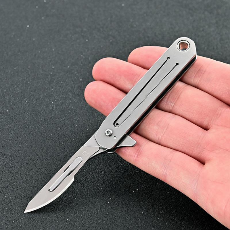EDC 23 # Stainless Steel Scalpel Pocket Folding Emergency Lockable Key Chain 10 Blades Free for Medical Surgery