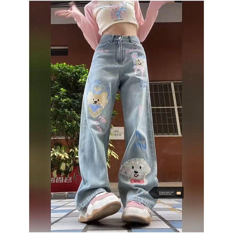 

Plus Size Stylish Cartoon Puppy Printed Denim Female Autumn High Waist Slimming and Straight Loose Wide Leg Pants Tide Blue S [Suggested 40.00 kg-47.50 kg]]
