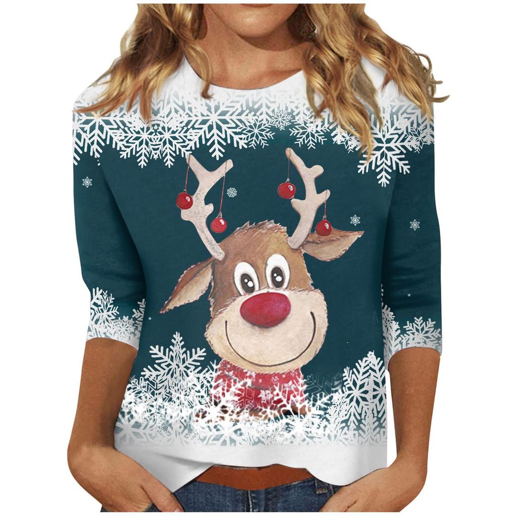 Spring and Autumn Round Neck Christmas Themed Pattern 3D Printed Top Fashionable Casual Long Sleeved Women's T-shirts