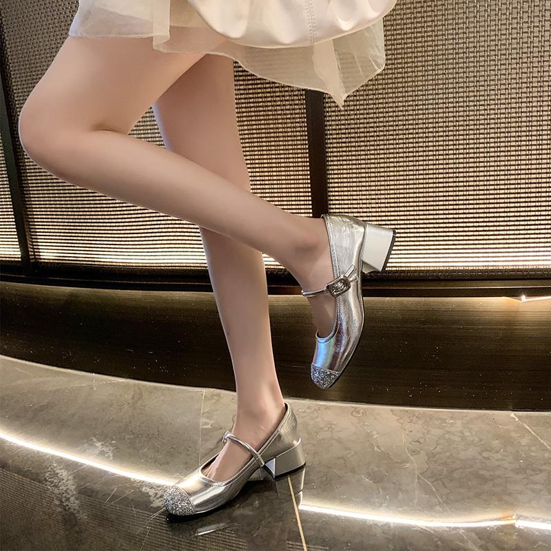 2025 New Bling Fashion Women Mary Jane Shoes Elegant Thick Heel Dress Single Shoes Ladies Concise  Pumps