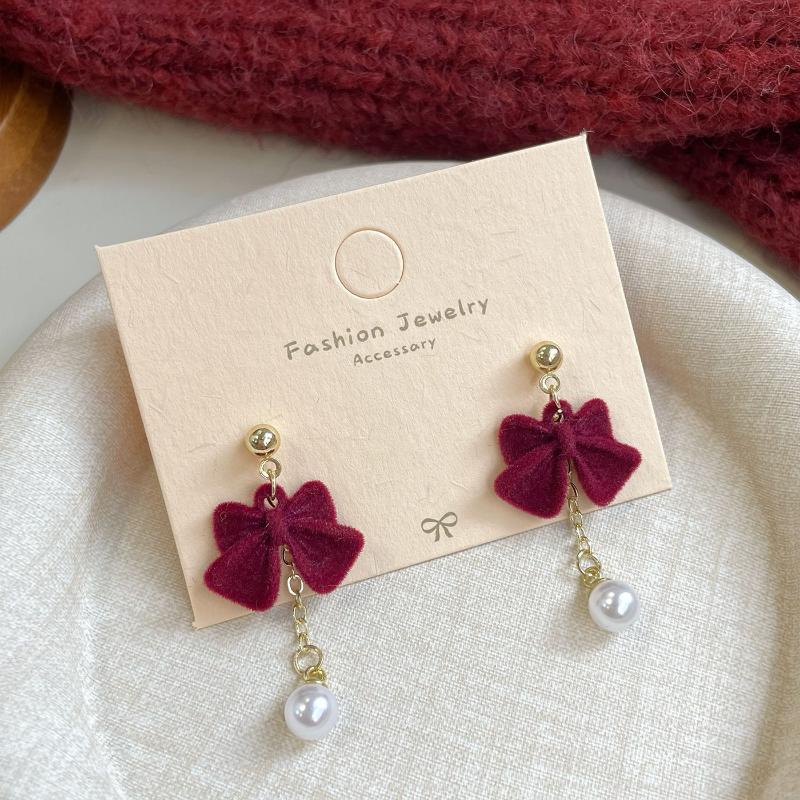 Cute Red Bow Flocking Earrings Simple Elegant Exquisite Sweet Festive Earrings Ear Studs Jewelry Accessories New Year Gifts