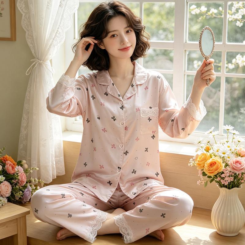 Sweet and high-value butterfly print ice silk pajamas women's ins loungewear long-sleeved trousers two-piece set