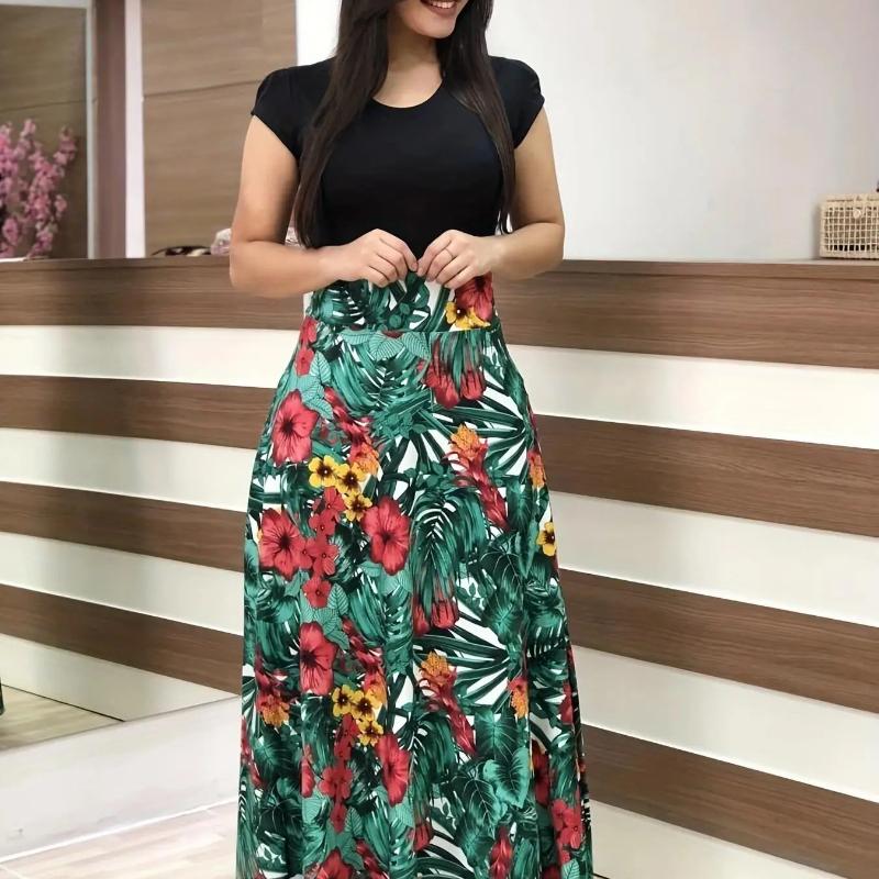 2024 European and American style flower print color matching short sleeved dress for women's large swing skirt