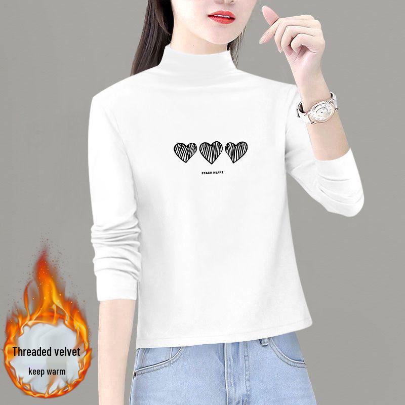 Women's Plus Size Warm Fleece-Lined Long Sleeve Top with German Velvet Semi-High Neck