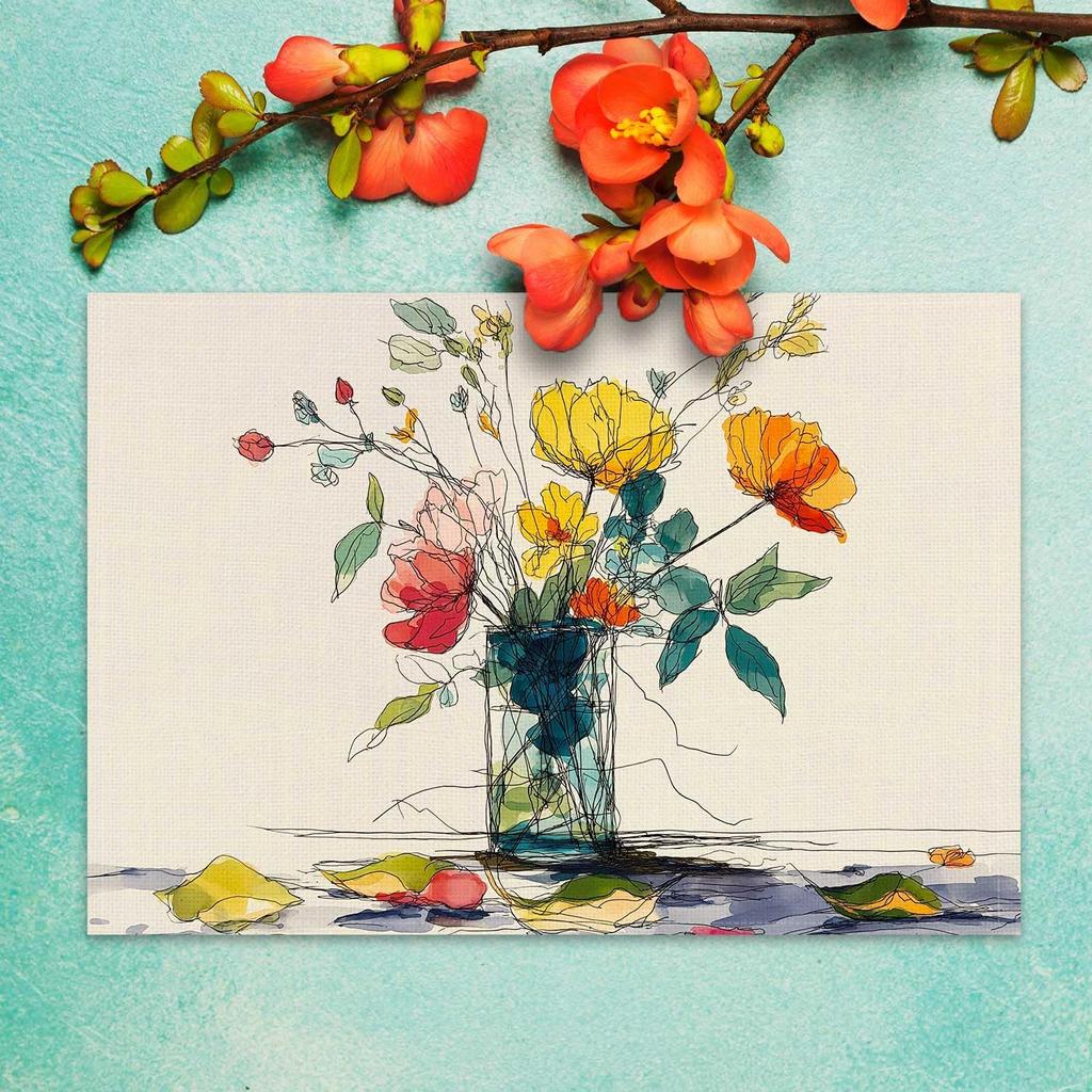 Watercolor Line Flowers Placemat Set of 4 Spring Summer Floral Placemats Seasonal Table Mats for Indoor Outdoor Home Kitchen Dining Decor Party Farmho