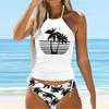 Costume da bagno da donna con scollo all'americana, stampa di crisantemi multicolori, bikini, tankini