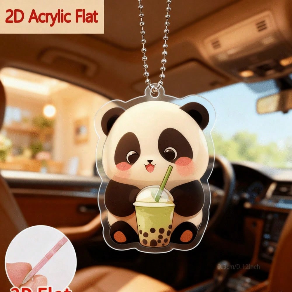 

1Piece 2D Acrylic Panda Boba Tea Pendant - Cartoon Panda with Green Straw, for Rearview Mirror&Keychain, Kawaii for Panda Lovers