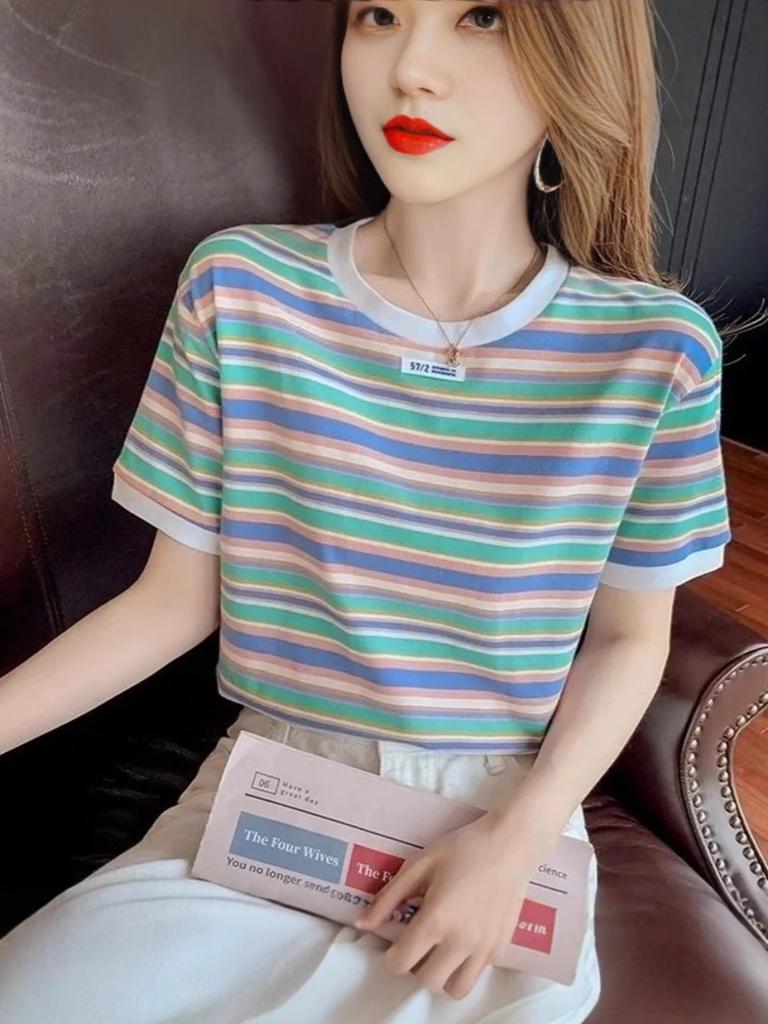 Style Vintage Feeling! Rainbow Color Block Striped T-Shirt Loose Short Sleeve Top for Women Trendy