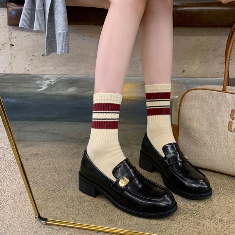 Schafsleder-Version~ Echtes Leder vielseitige runde Spitze goldene Schnalle ein Pedal dicker Absatz kleine Lederschuhe Damen Herbst Plateau einzelne Schuhe