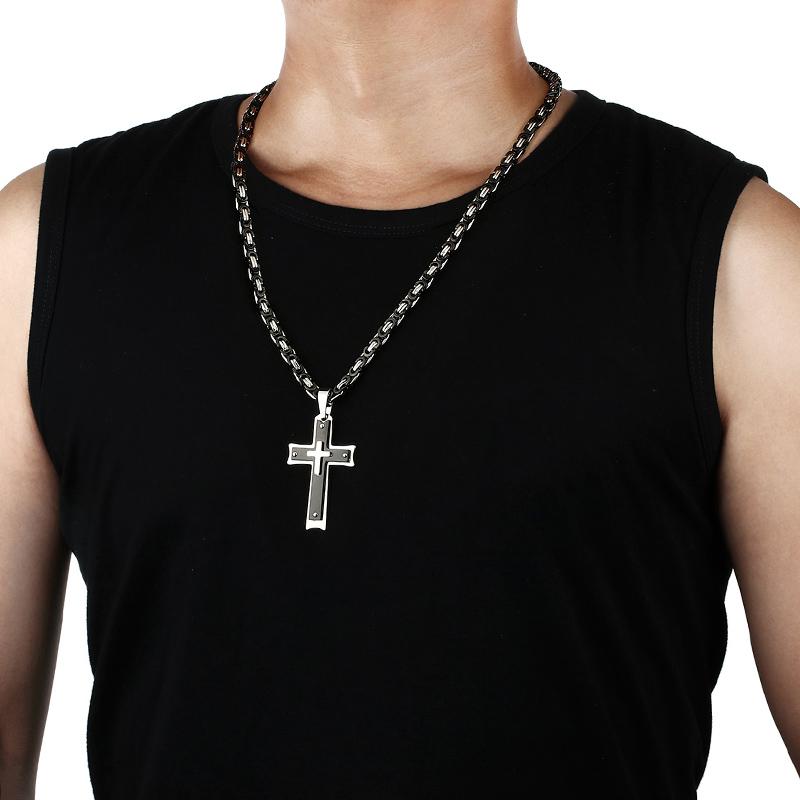 Fajny Męski Czarny Srebrzysty Wisiorek Krzyż Długi Bizantyjski Łańcuszek Naszyjnik Chrześcijański Naszyjnik Krucyfiks Biżuteria Religijna