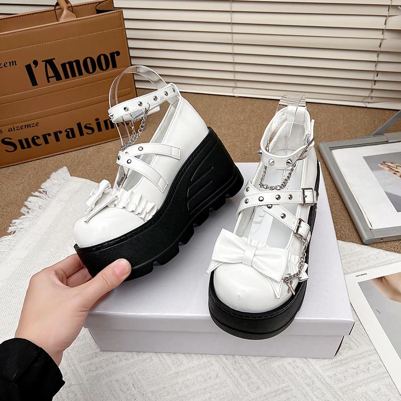 Fashion Original Punk Style Mary janes Round Head Thick Bottom Platform Shoes Female Y2K Rivet Wedges Heel Women Girls Leather Pumps