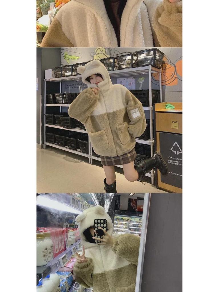 Women's 2024 Winter Hooded Faux Lambskin Jacket – Warm, Trendy, Thickened Velvet Lining