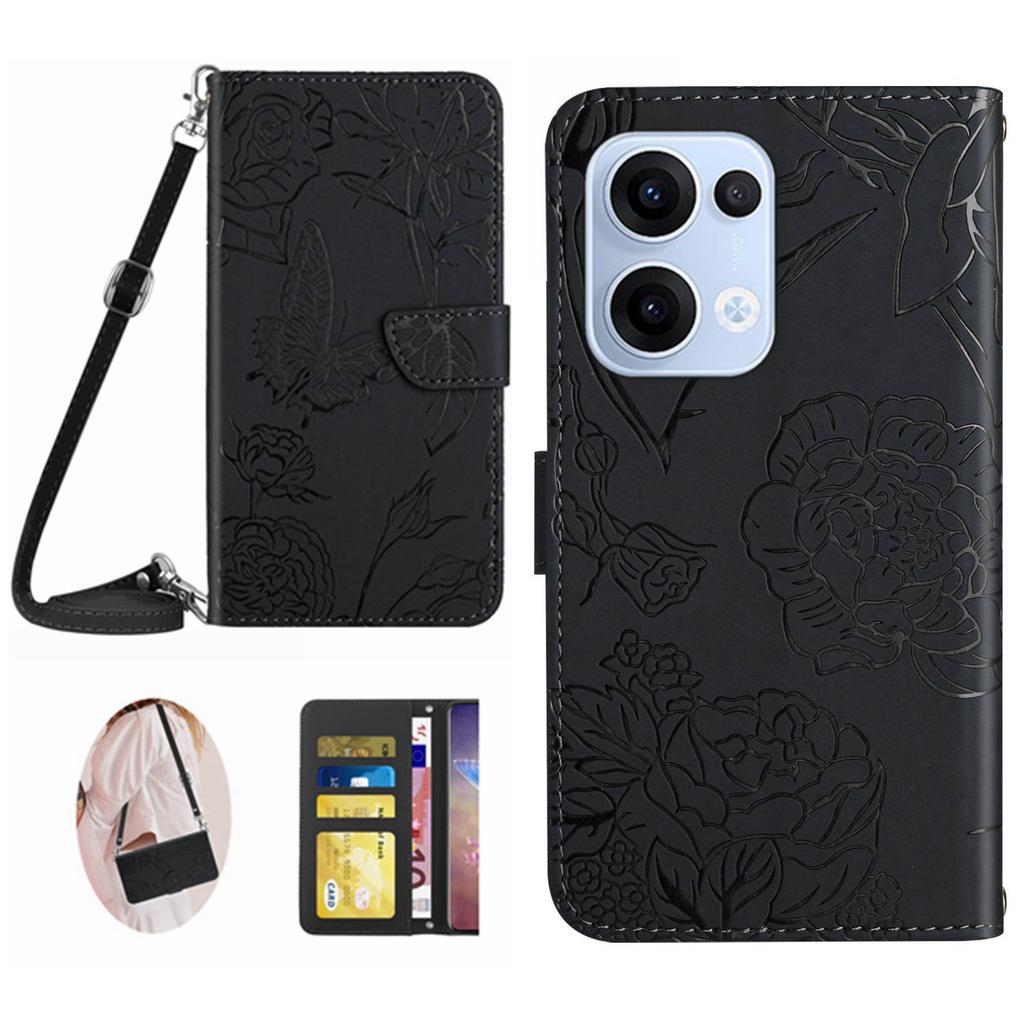 For Oppo Reno13 5G (Global) Case Butterfly Flower Imprint Leather Phone Cover with Shoulder Strap