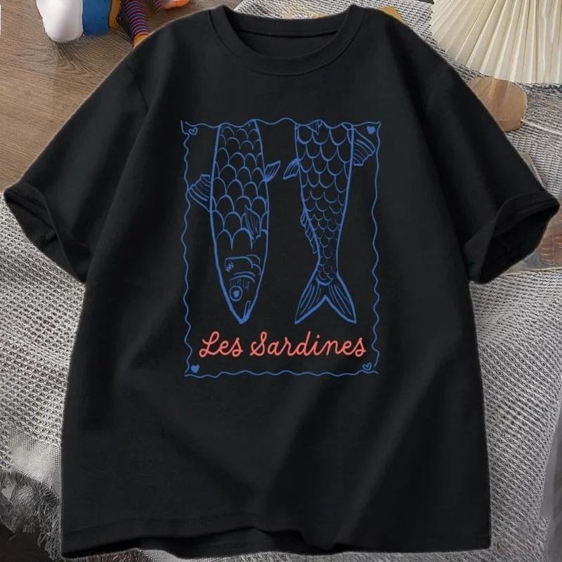 Fashion Sardine Tshirt Aesthetic Fish Tshirt Summer Shortsleeved Coast Tshirt Ocean Womens Casual Wear Tshirt Graphic YK