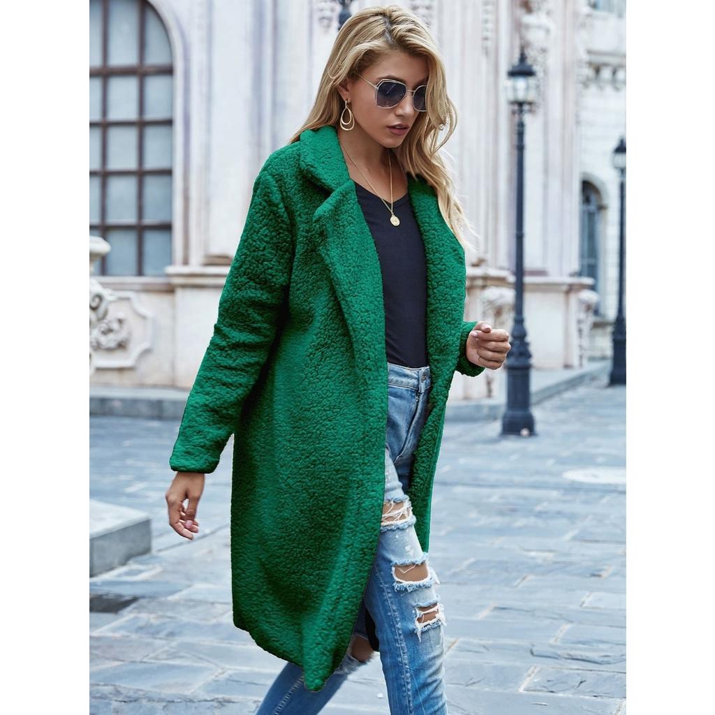 Ladies', Medium Length, Lapel, Woolen Jacket, Long Sleeved, Solid Color, Loose Fit, Casual Jacket