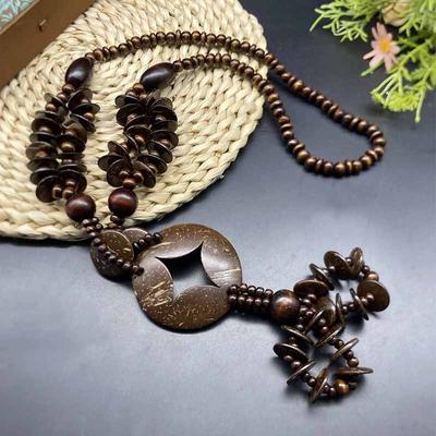 Cotton and Linen Style Brown Jewelry Vintage Wooden Round Bead Chain Long Necklace Ethnic Style