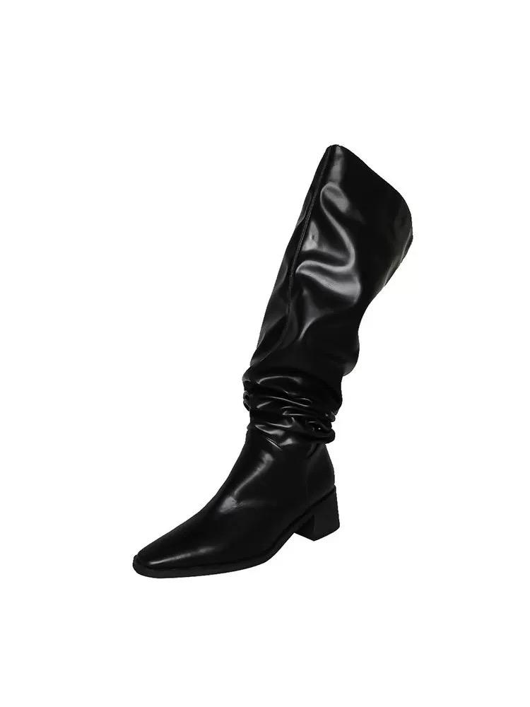 

Мода 2024 года, новые модные женские сапоги до колена на осень-зиму, с острым носком и толстым каблуком, слипоны, плиссированные, рыцарские женские длинные сапоги 40 чёрный