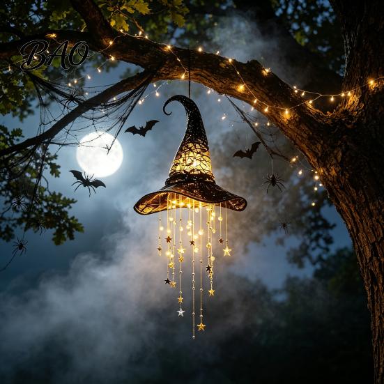 Halloween Hanging Decorations Lighted Witch Hat Chime, LED Glowing Wizard with Party Decoration Supplies Swinging Star Tassels, Indoor Outdoor
