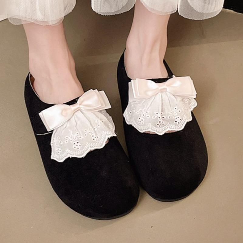 

Lace Bow Women Flats Mules Shoes 2025 Autumn Elegant Suede Slippers Fashion New Slingback Casual Shoes Comfort Zapatillas Mujer 39 чёрный
