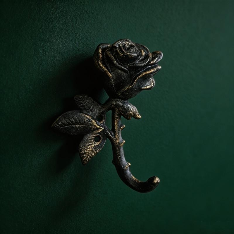Metal Wall Hook With Rose Detail and Weathered Finish, Decorative Wall Mounted Hook for Keys Towels Aprons in Entryway Bathroom Kitchen or Hallway