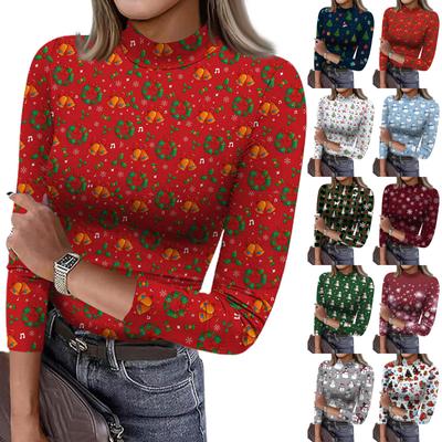 Kadın Slim Fit Alt Tişört Moda Günlük Degrade Baskılı Yuvarlak Yaka Kazak 3/4 Kol Üst