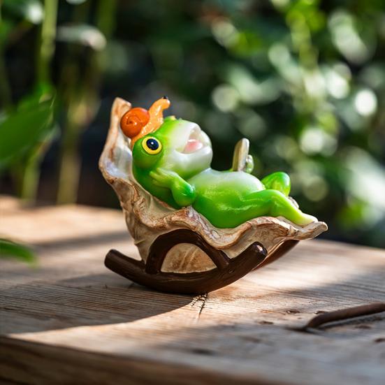 Garden Frog Figurine Frog Reading A Book on Rocking Chair Statue Resin