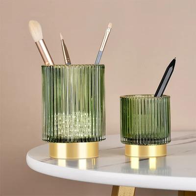 Guld Kant Förtjockat Glas Förvaringshink Pennställ Kopp Smyckesförvaringslåda Sminkborste Organizer Pennställ Blomlåda
