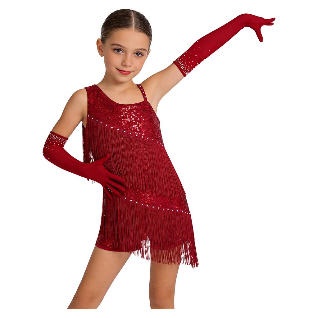 Children‘s Sparkly Rhinestone Latin Outfit Sleeveless Asymmetric Neck Sequin Tassel Bodysuit and Mesh Gloves for Stage Performance