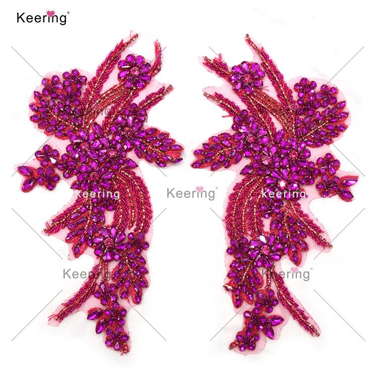 WDP-296 New Coming  Popular Blue Glass Stone Crystal Rhinestone Applique Patch 30*19cm фуксия