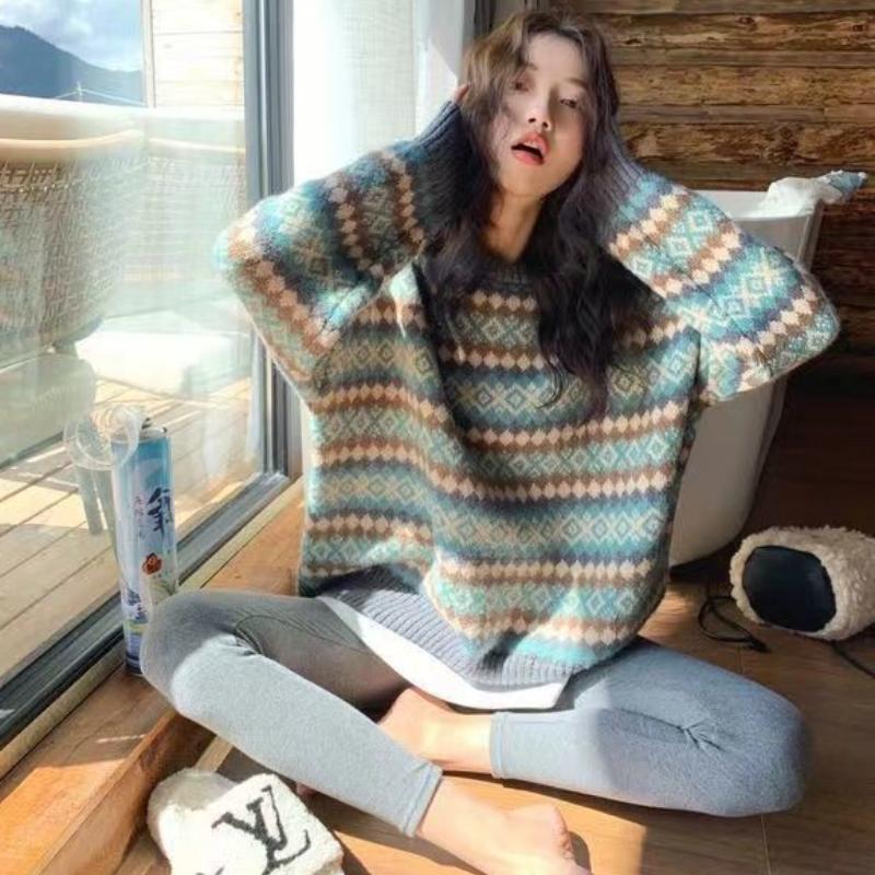 Autumn and Winter Warm Daily Loose Knitted Sweater Female Retro Casual Diamond Plaid Sweater Female