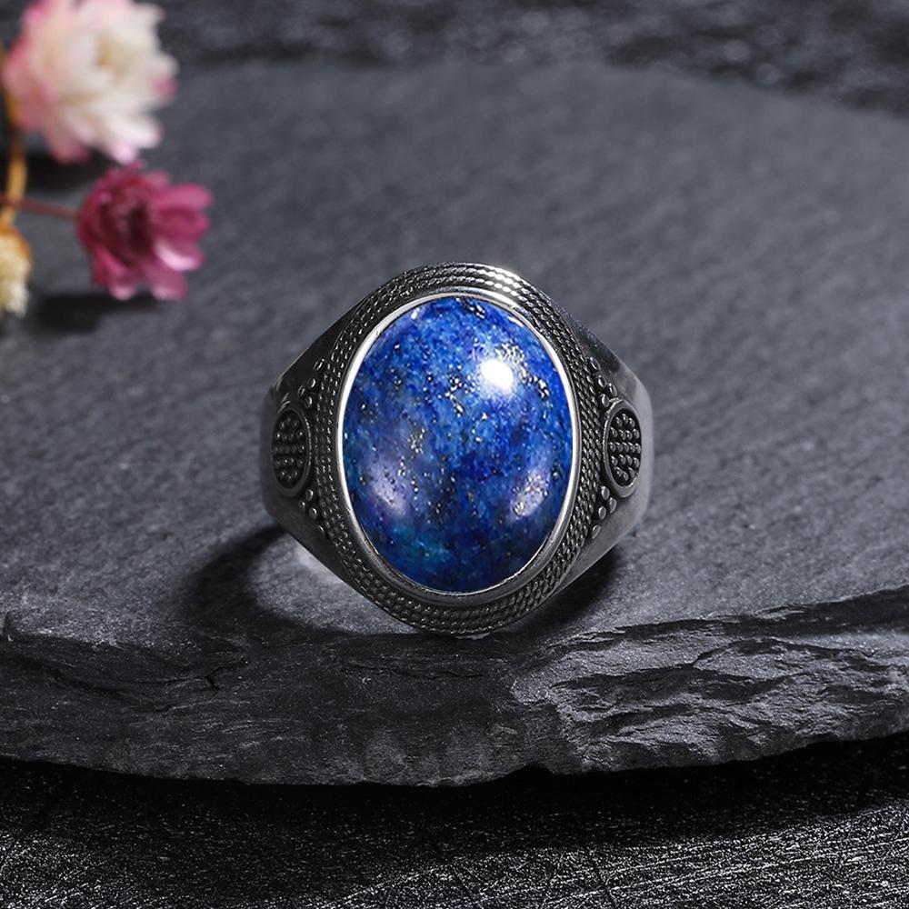Silver Rings Large Natural 10x14MM Black Agate Ring for Women Men Silver Party Jewelry Tiger Eye Turquoise Lapis