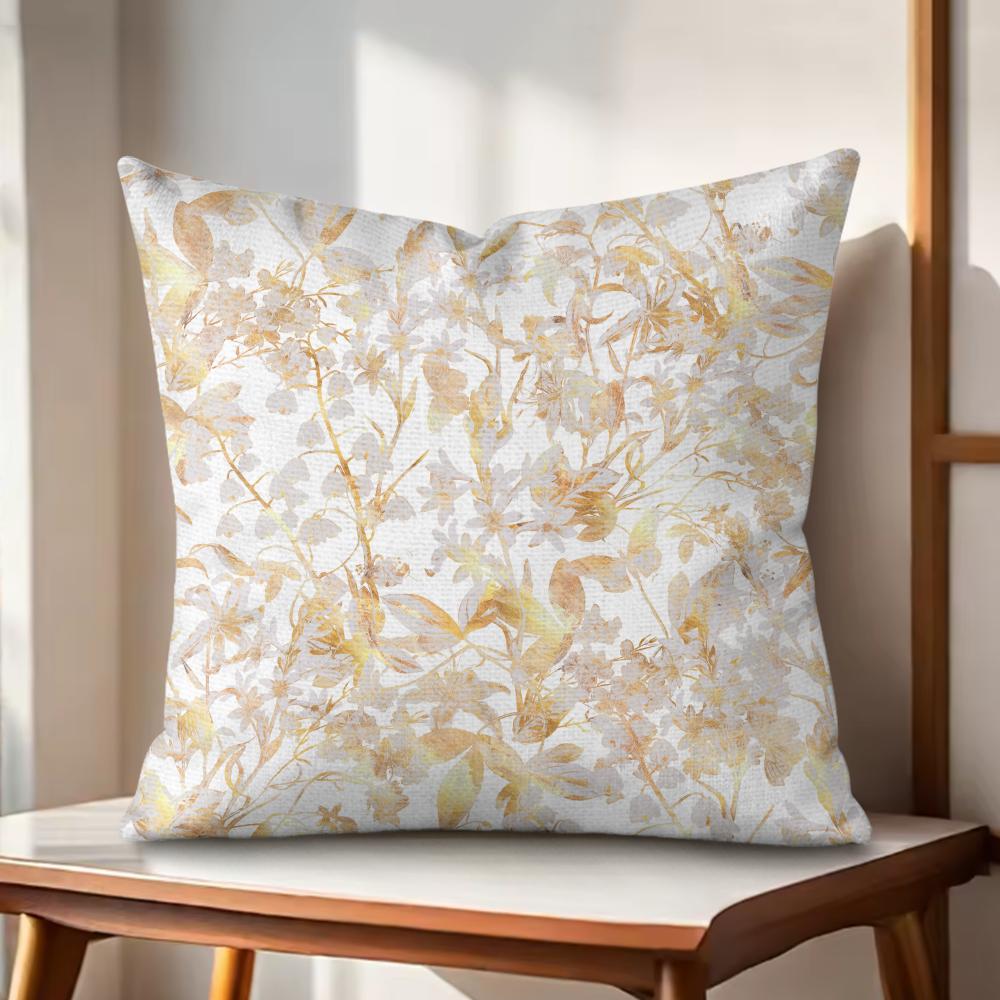 Gold Leaf Flower Cushion Cover Natural Linen Organic Fabric DoubleSided Printing Couch Pillow Covers Home Decor