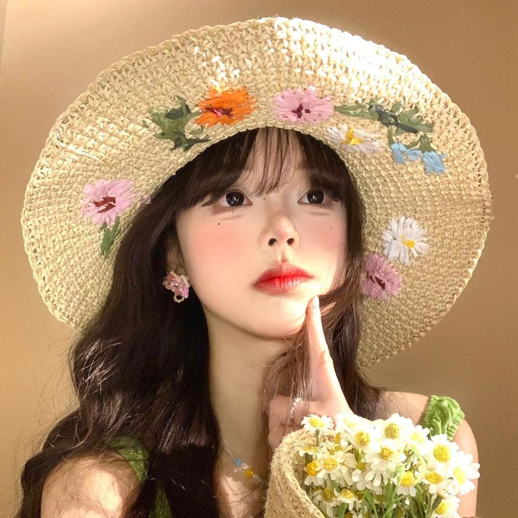 Flower straw bucket hat women's summer seaside beach vacation wind straw hat big brim sunshade sun hat