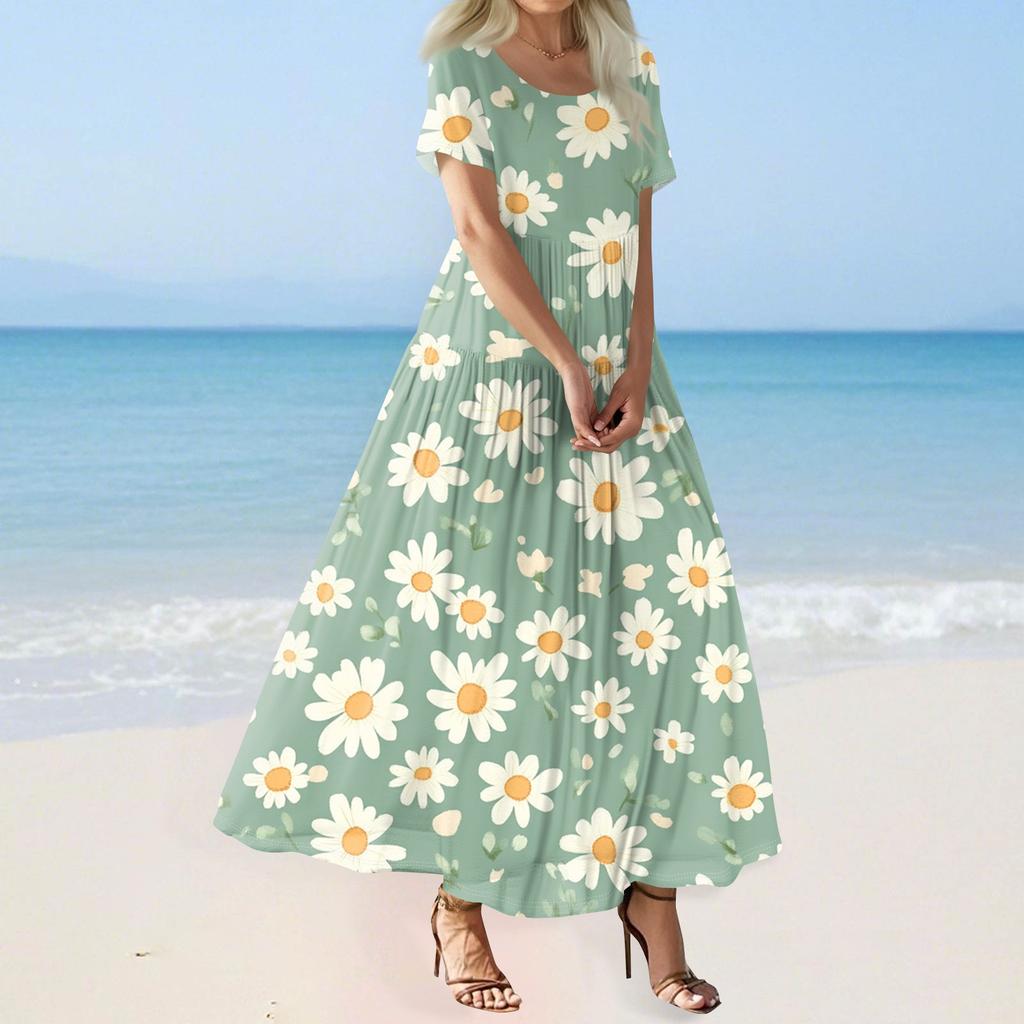 Damen Sommer Casual Blumendruck Kurzarm O-Ausschnitt Hohe Taille A-Linie Stufen Fließendes Boho Maxikleid