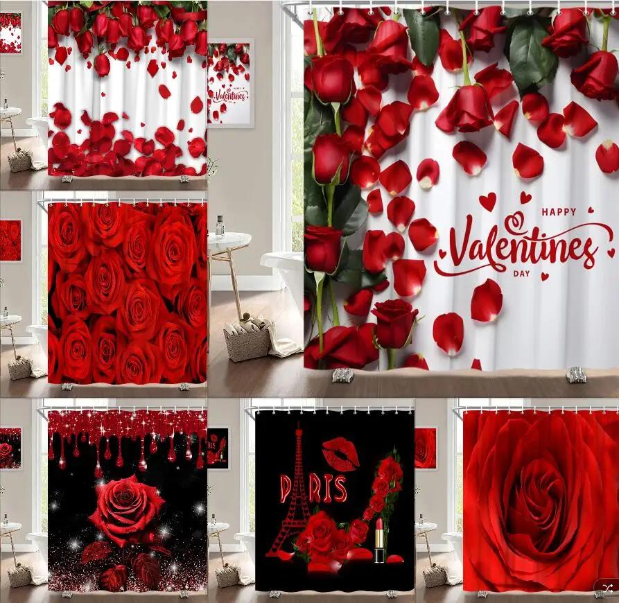 Valentine's Day Shower Curtain, Rose Flower Heart Romantic Plant Love Lipstick Polyester Printed Fabric Bathroom Decoration